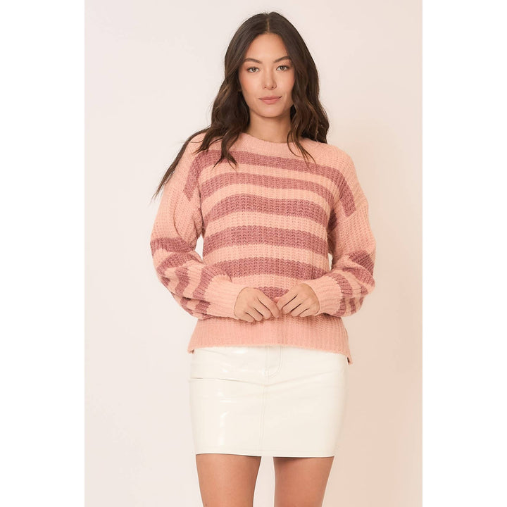 Striped Brushed Knit Crew Neck Sweater Blush 6