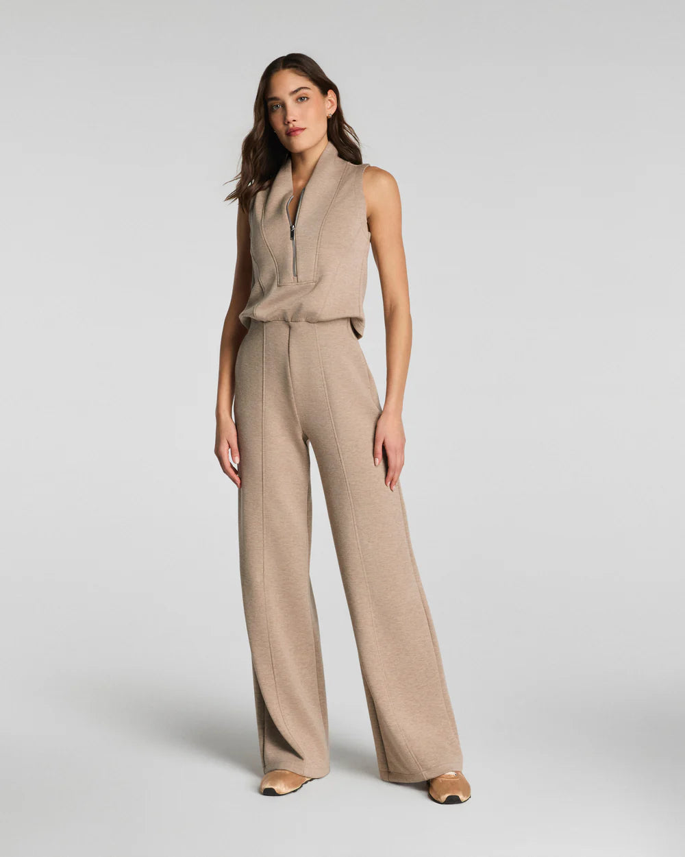 Spanx Shawl Collar Half Zip Jumpsuit - Dune Heather 