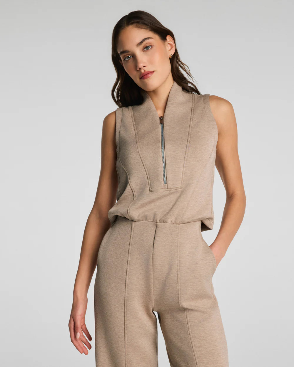Spanx Shawl Collar Half Zip Jumpsuit - Dune Heather 3