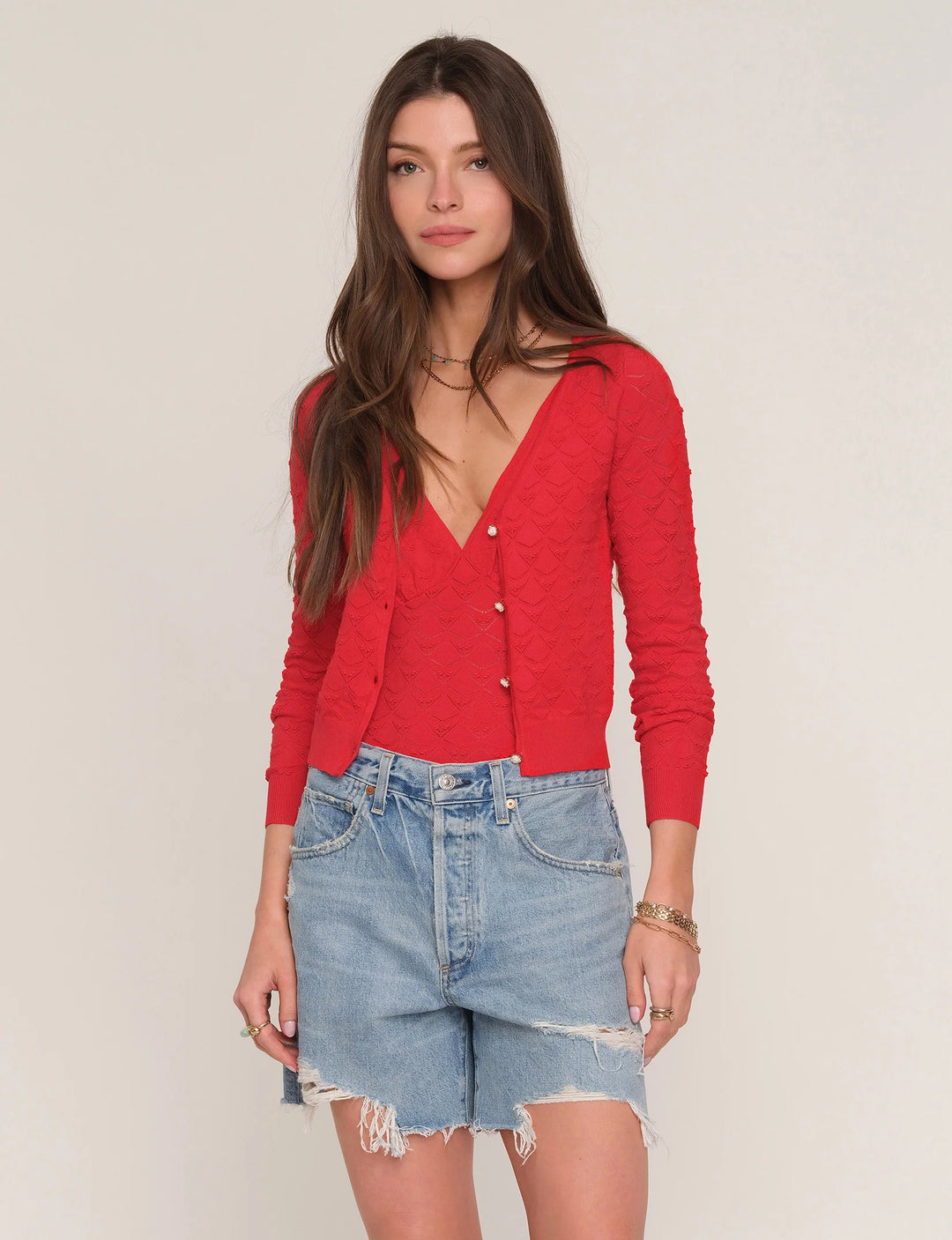 Heartloom Benny cardigan in scarlet pointelle knit
