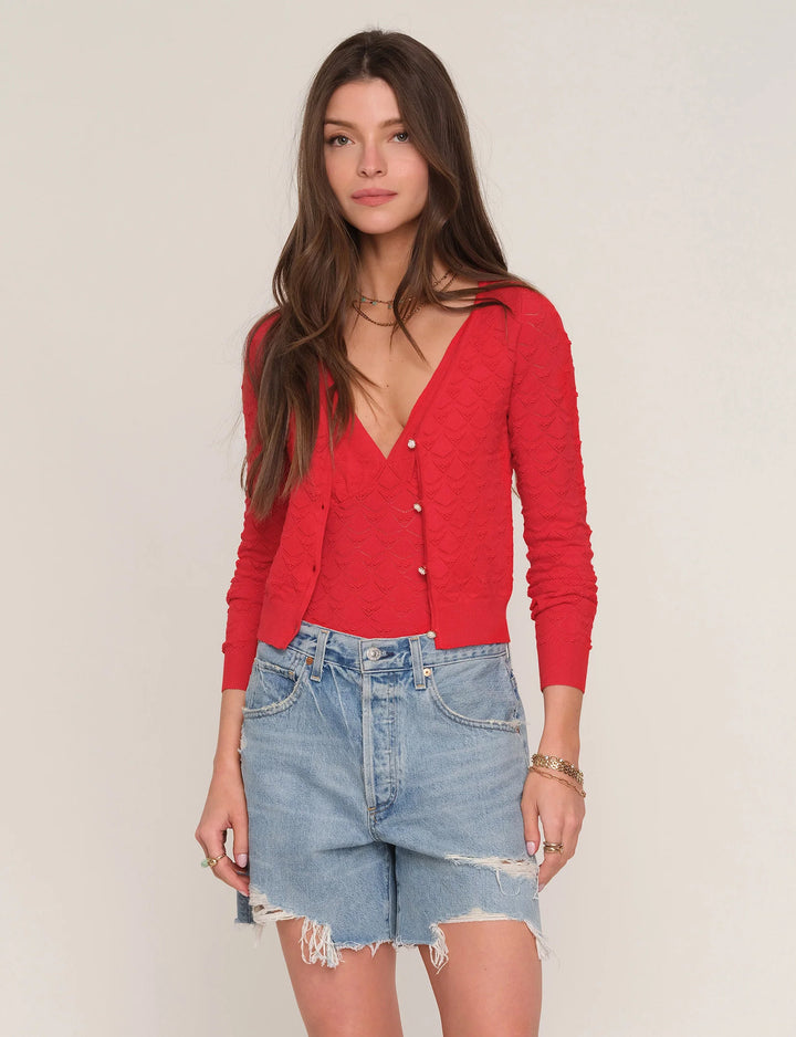 Heartloom Benny cardigan in scarlet pointelle knit