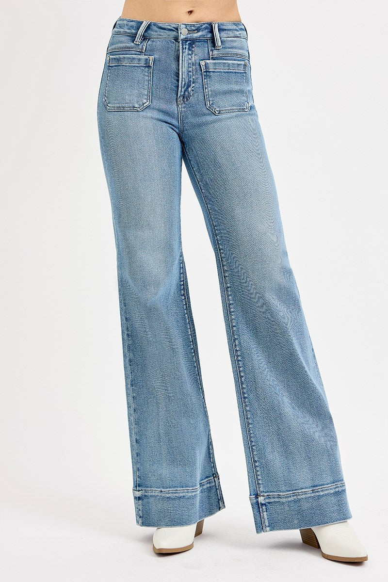 Risen High Rise Wide Flare Patch Pocket Jeans1