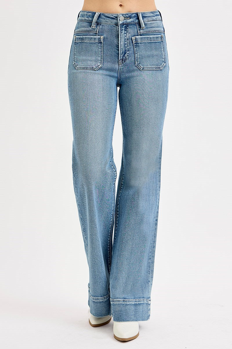 Risen High Rise Wide Flare Patch Pocket Jeans2