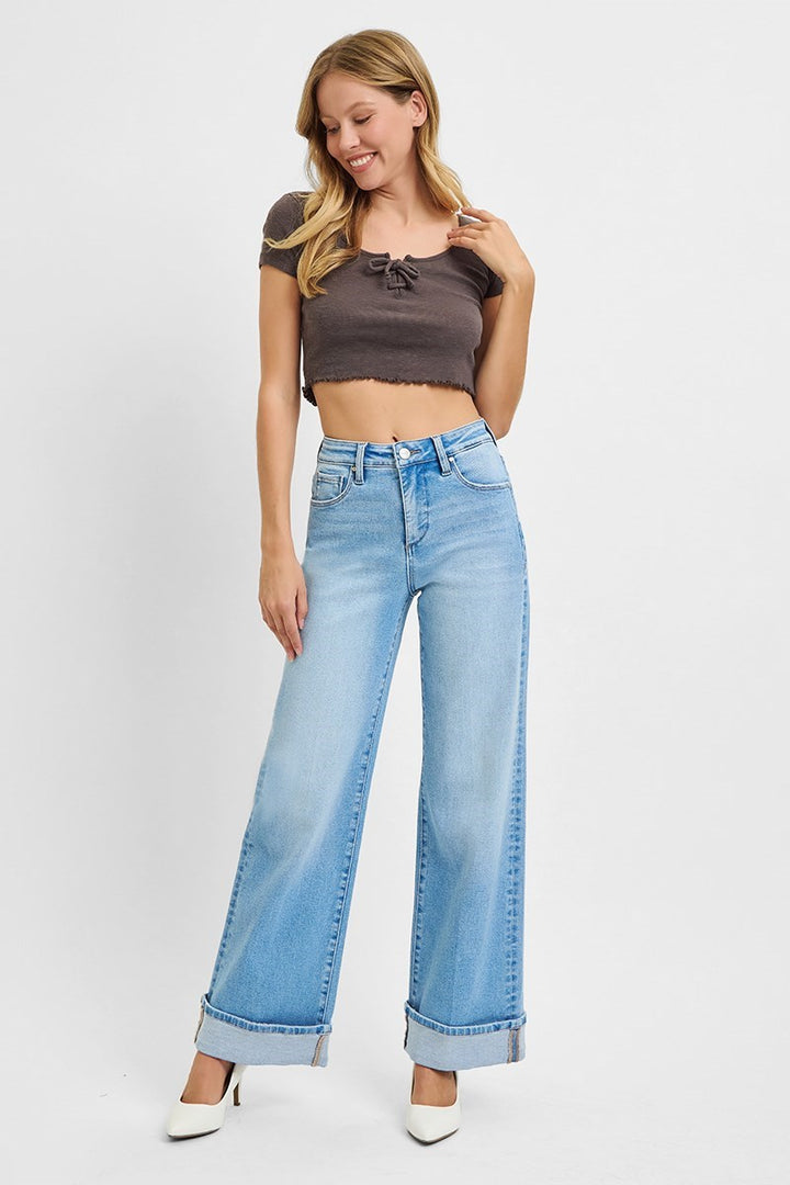 Risen Tummy Control High Rise Long Wide Led Cuffed Jeans Light 45