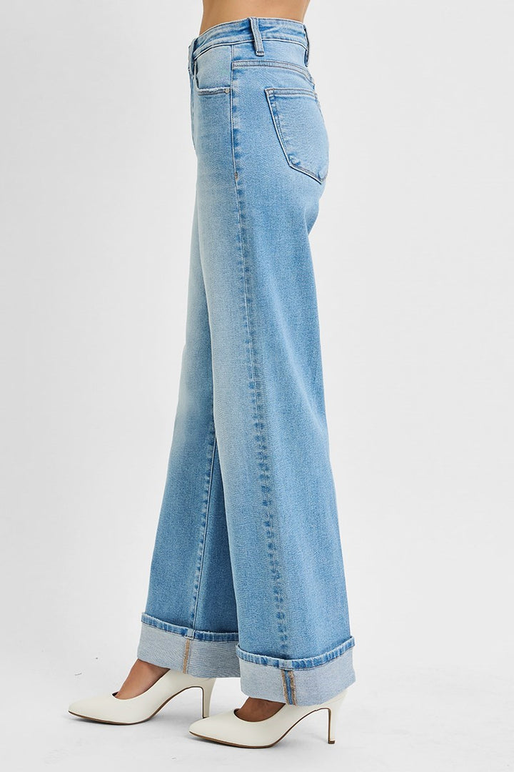 Risen Tummy Control High Rise Long Wide Led Cuffed Jeans Light 3