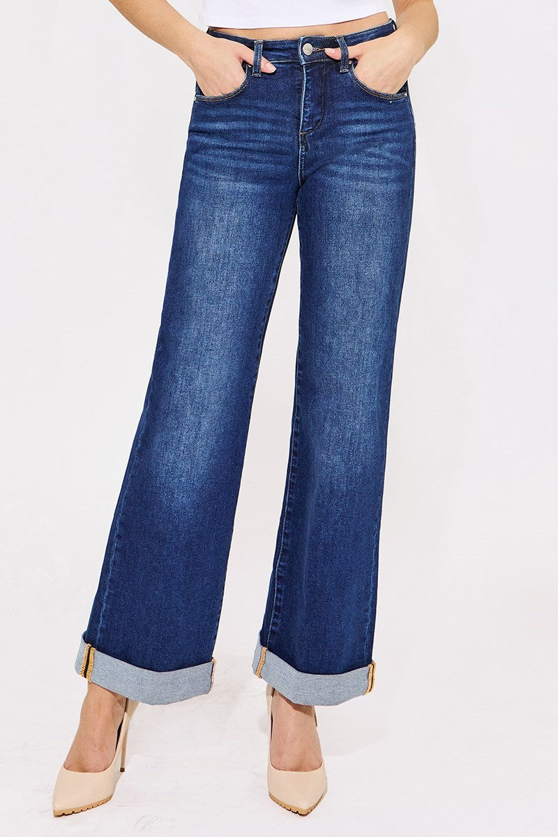 Risen Tummy Control High Rise Wide Cuffed Jeans Dark 2