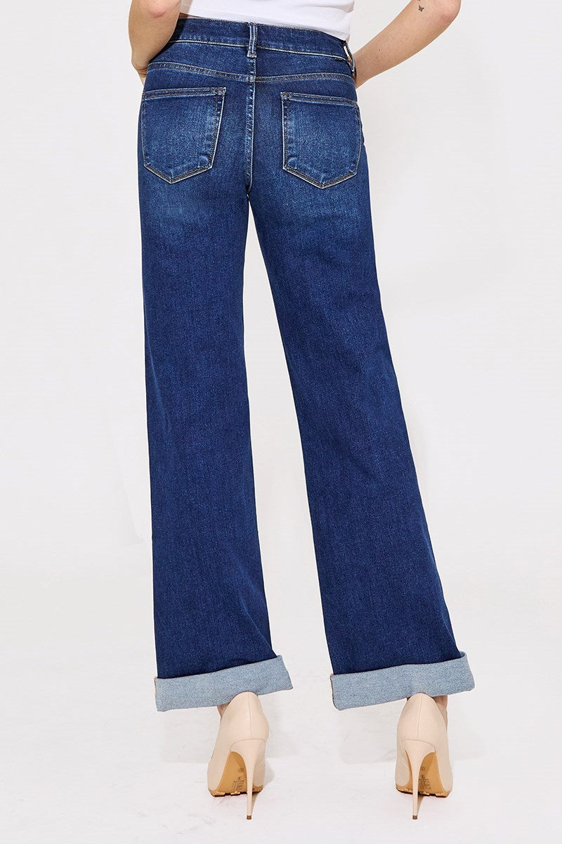 Risen Tummy Control High Rise Wide Cuffed Jeans Dark  4