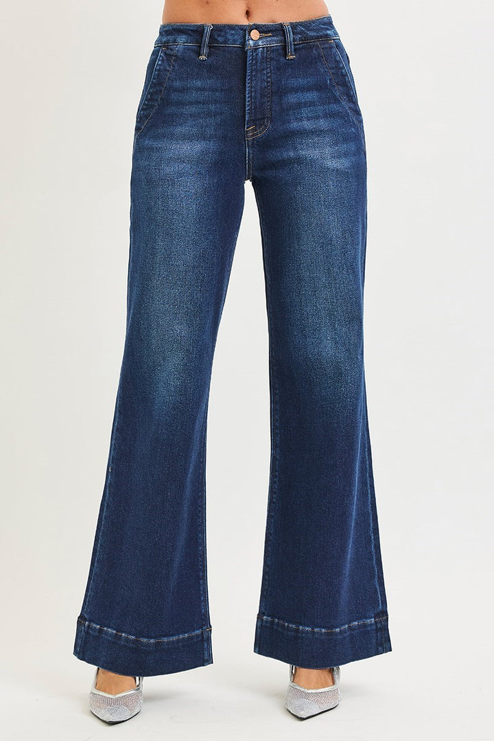 Risen Tummy Control High Rise Wide Leg Flare Jeans Dark