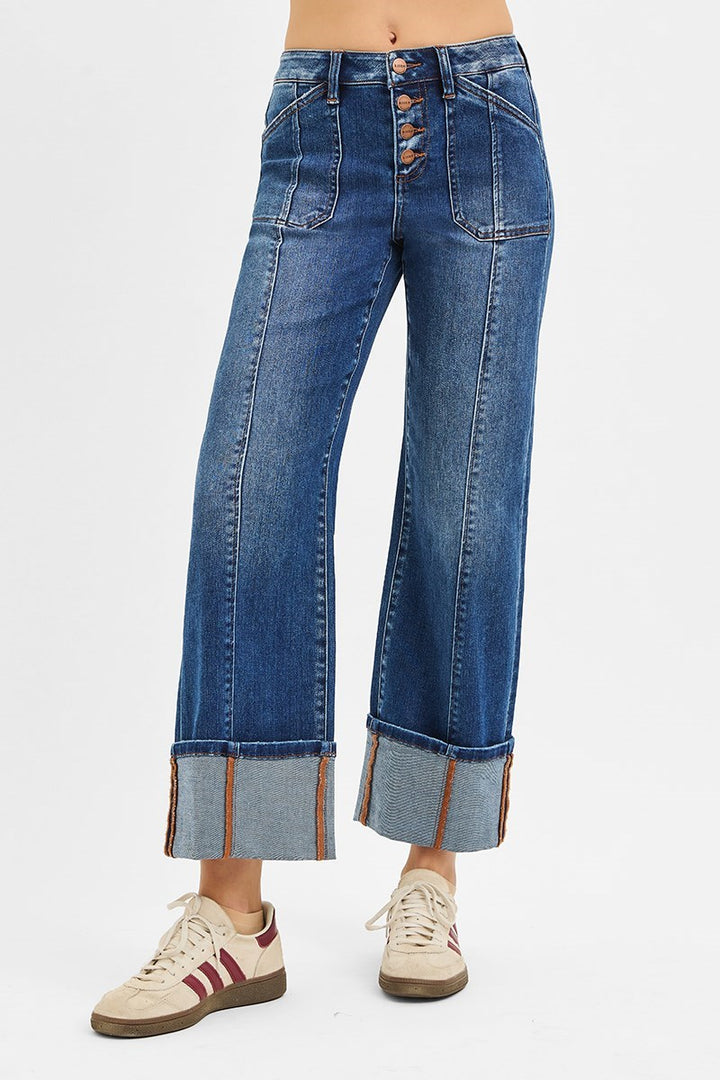 Risen High Rise Crop Wide Straight Cuffed Jeans Dark