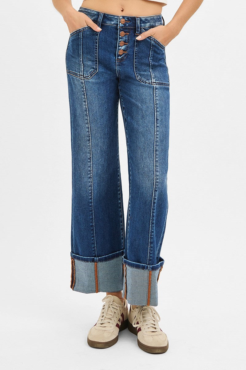 Risen High Rise Crop Wide Straight Cuffed Jeans Dark 1