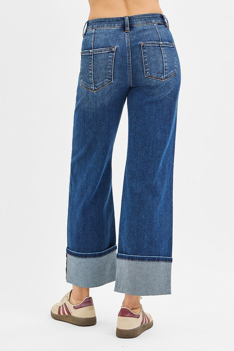 Risen High Rise Crop Wide Straight Cuffed Jeans Dark 4