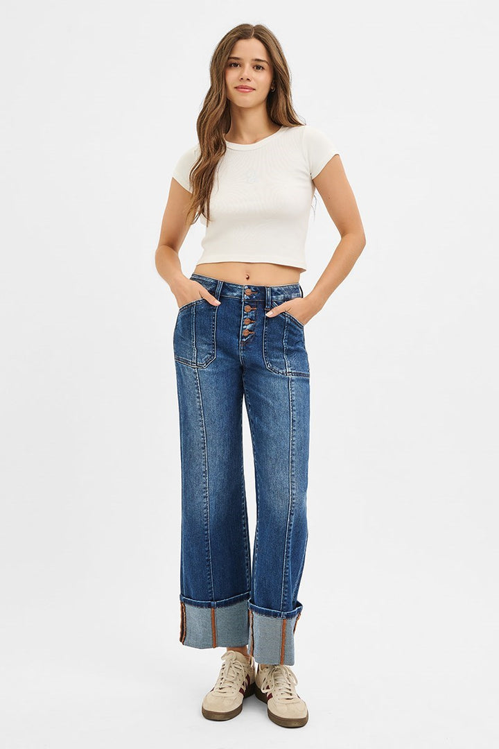 Risen High Rise Crop Wide Straight Cuffed Jeans Dark 5