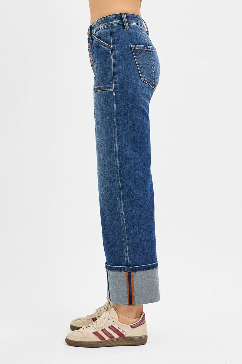Risen High Rise Crop Wide Straight Cuffed Jeans Dark 3