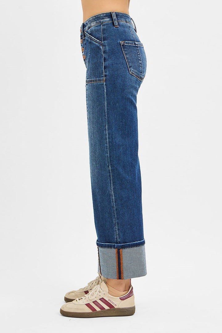 Risen High Rise Crop Wide Straight Cuffed Jeans Dark 3