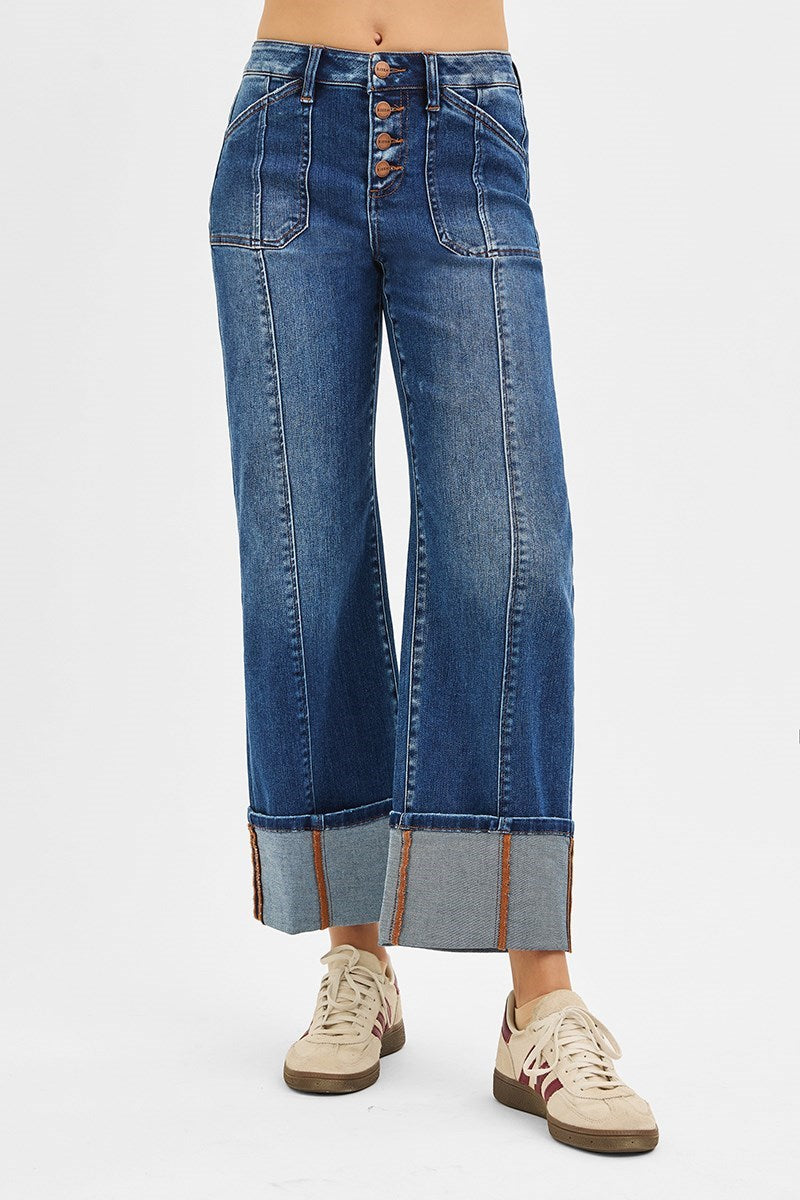 Risen High Rise Crop Wide Straight Cuffed Jeans Dark 2
