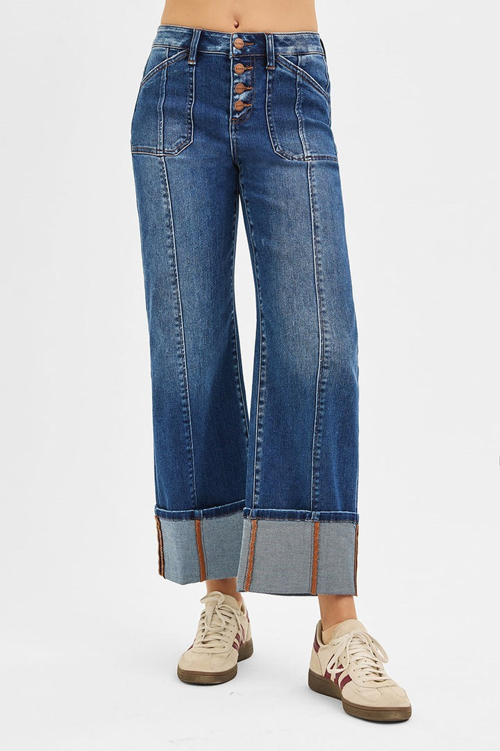 Risen High Rise Crop Wide Straight Cuffed Jeans Dark 2