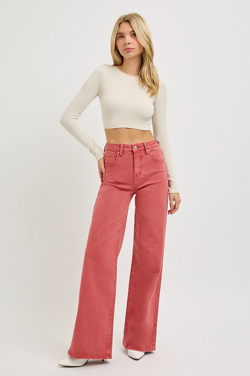 Risen Tummy Control High Rise Wide Pants Brick