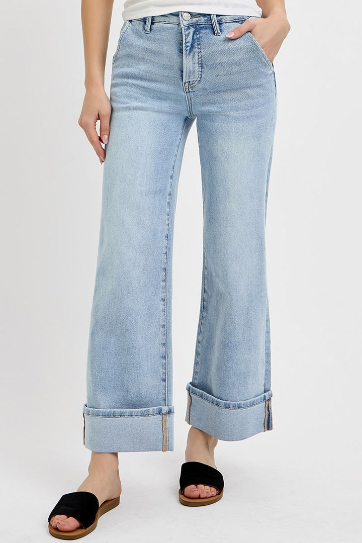 Risen Tummy Control High Rise Ankle Wide Cuffed Jeans Light