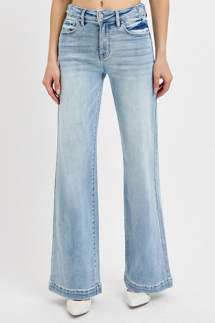 Risen Tummy Control High Rise Wide Adjustable Waist Band Jeans Light