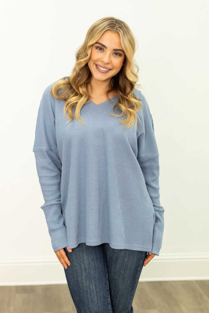 Southern Grace Waffle Knit Top Blue