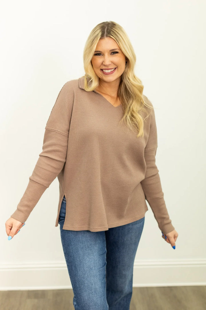 Southern Grace Waffle Knit Top Brown