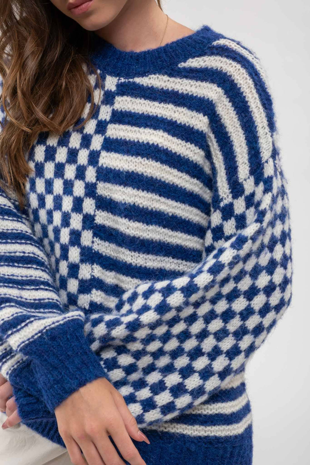 Blu Pepper Stripe Checkered Sweater