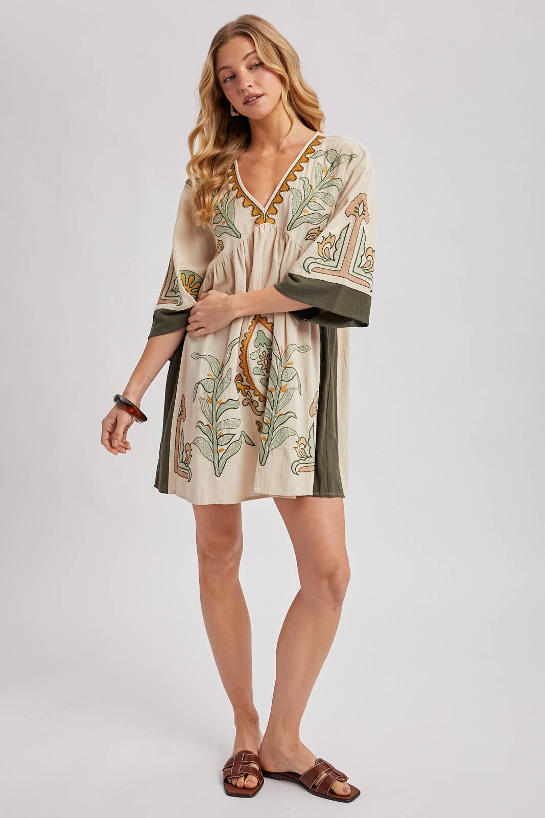 Bluivy Boho Embroidered Babydoll Dress - Sage