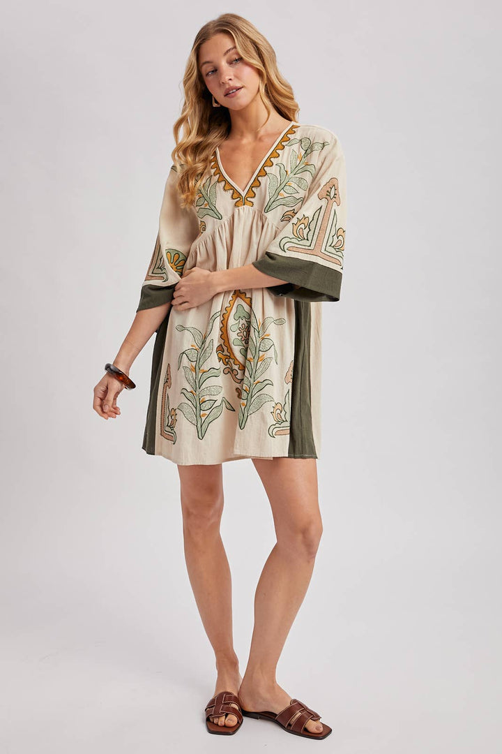 Bluivy Boho Embroidered Babydoll Dress - Sage
