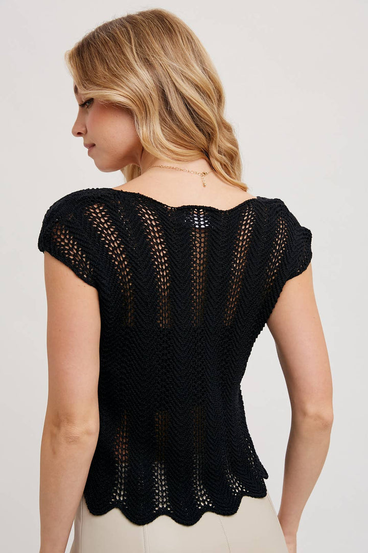 Bluivy Eyelet Scalloped Hem Top - Black