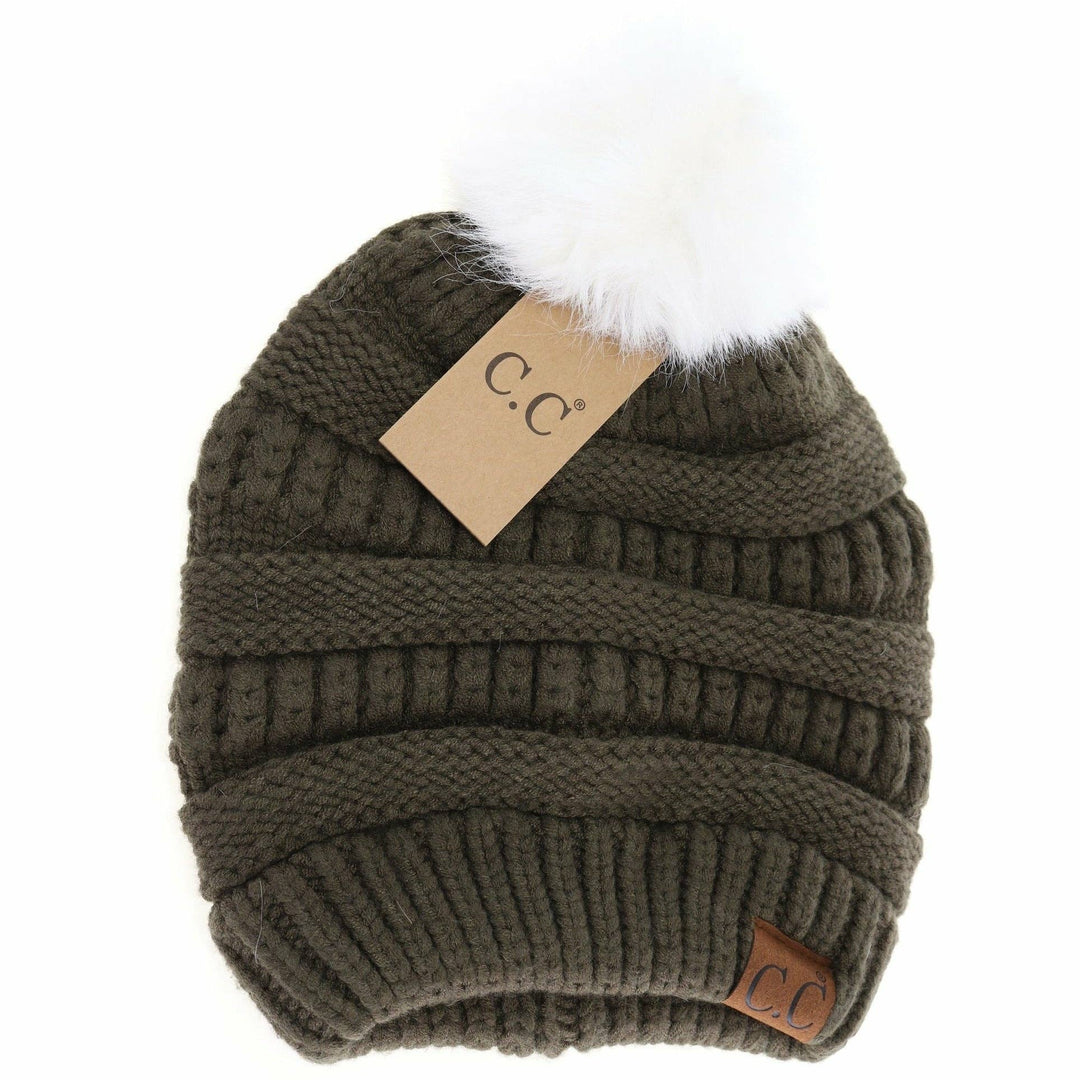 Super Soft Matching Fur Pom C.C Beanie Military Olive/White