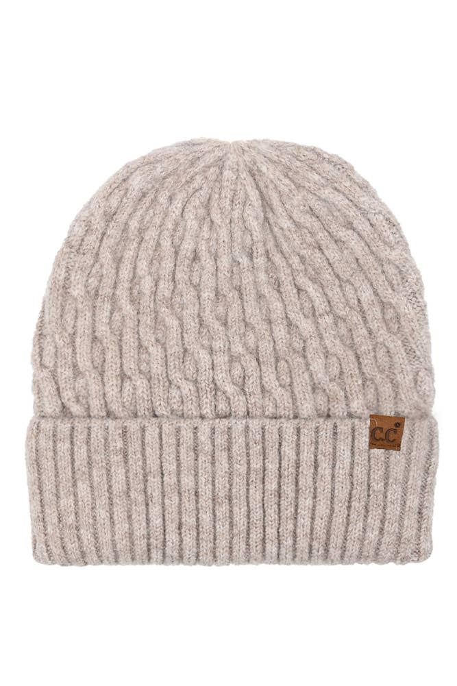 Hana - C.C. Chain-Link Cable-Knit Cuffed Beanie in Taupe