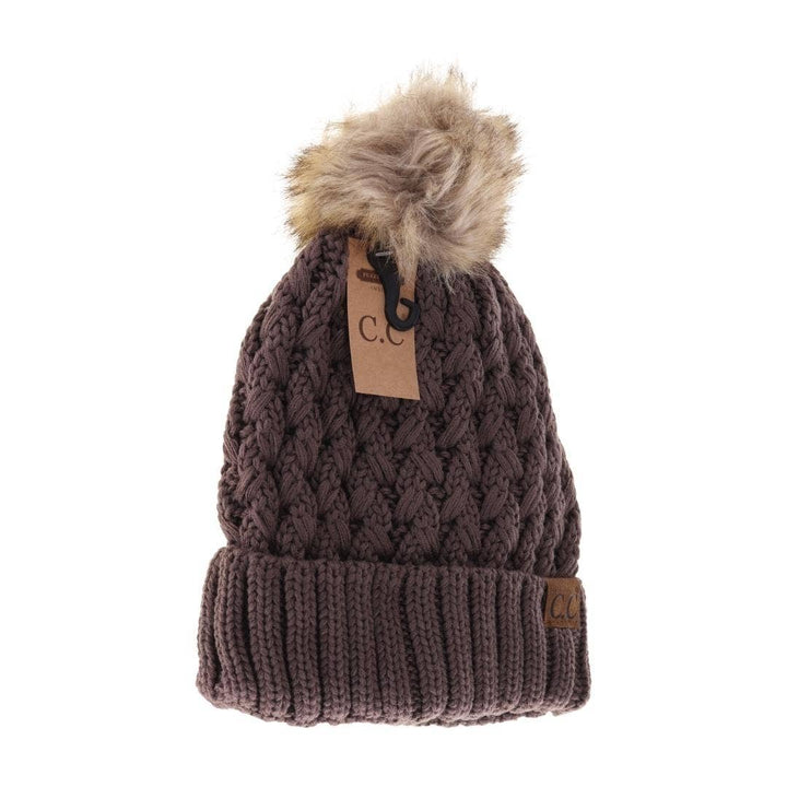 C.C Beanie Solid Lattice Fur Pom Cc Beanie Yj826