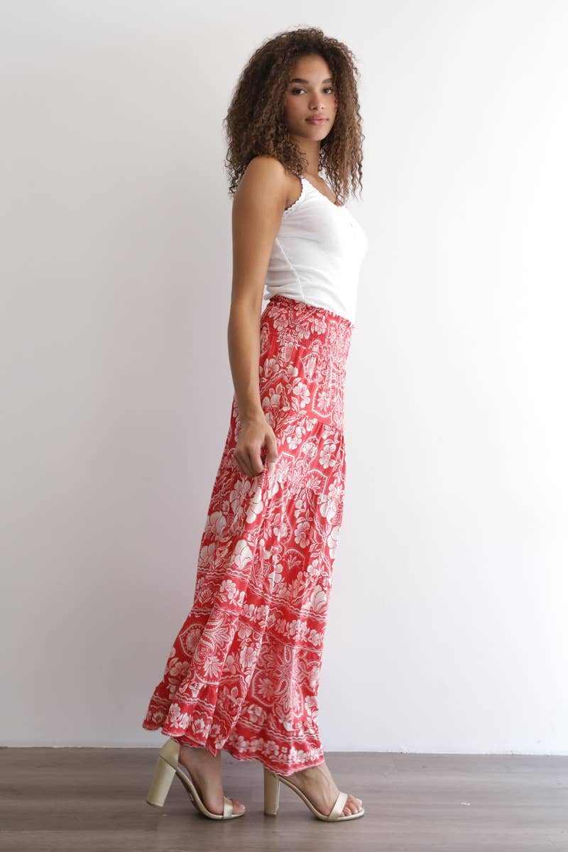 Angie Printed Tiered A-Line Maxi Skirt with Smocked Waist in Americana 3
