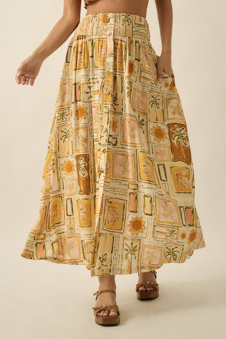 Promesa USA - Tropical-Print Smocked Maxi Skirt in Butter front