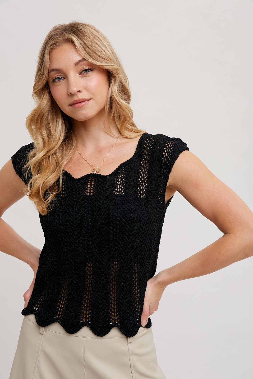 Bluivy Eyelet Scalloped Hem Top - Black