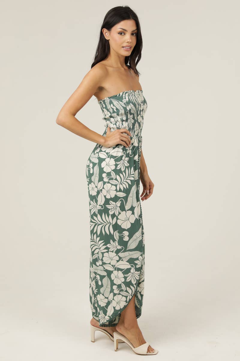 Angie Smocked Bodice Wrap Leg Jumpsuit in Green side 2
