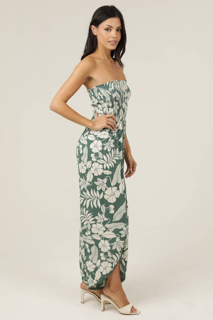 Angie Smocked Bodice Wrap Leg Jumpsuit in Green side 2