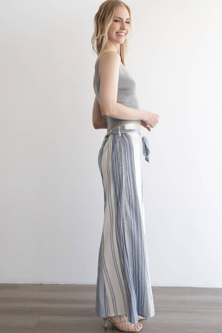Angie Mixed Stripes Flare Leg Tie Waist Pants in Blue side