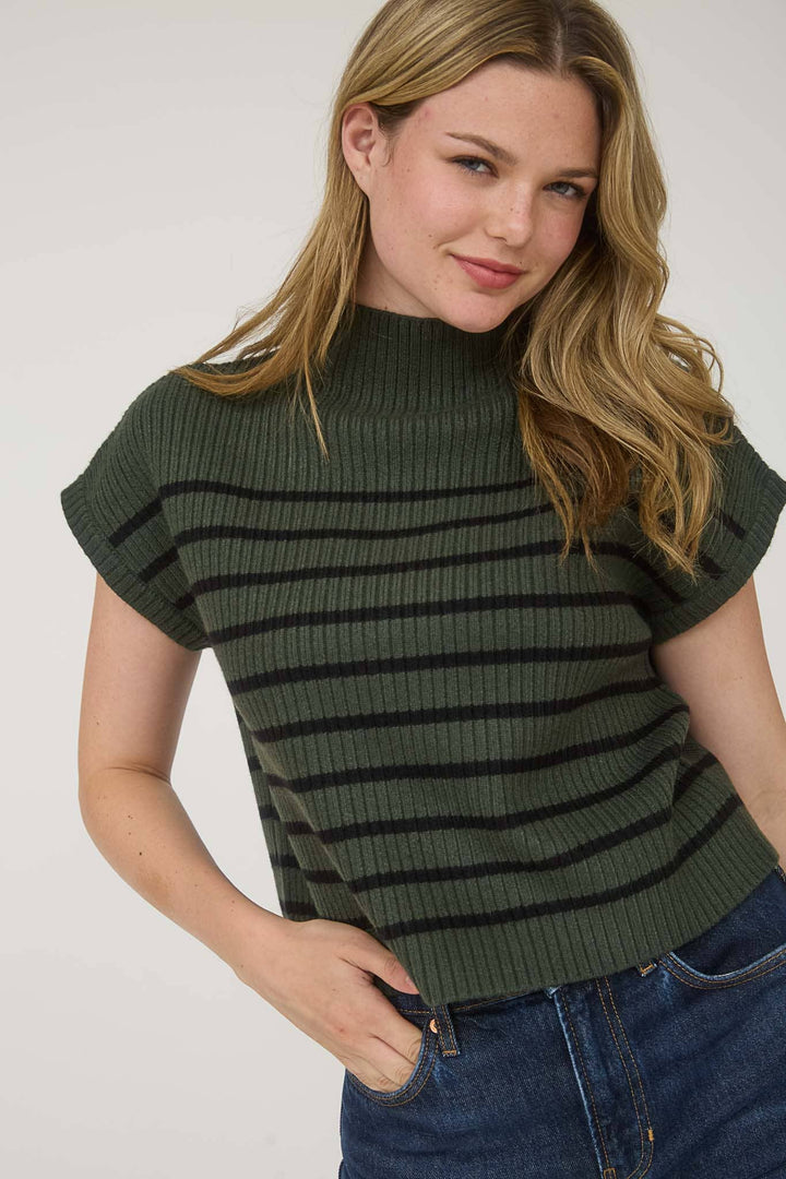 Stripe Mock Neck Short Sleeve Knit Sweater green8