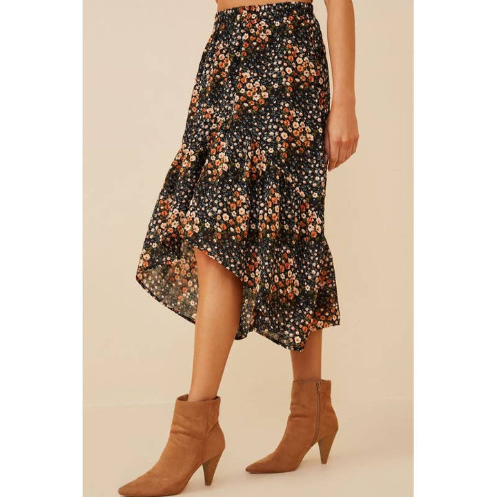 Lemon Tree - Womens Textured Floral Print Asymmetric Midi Skirt