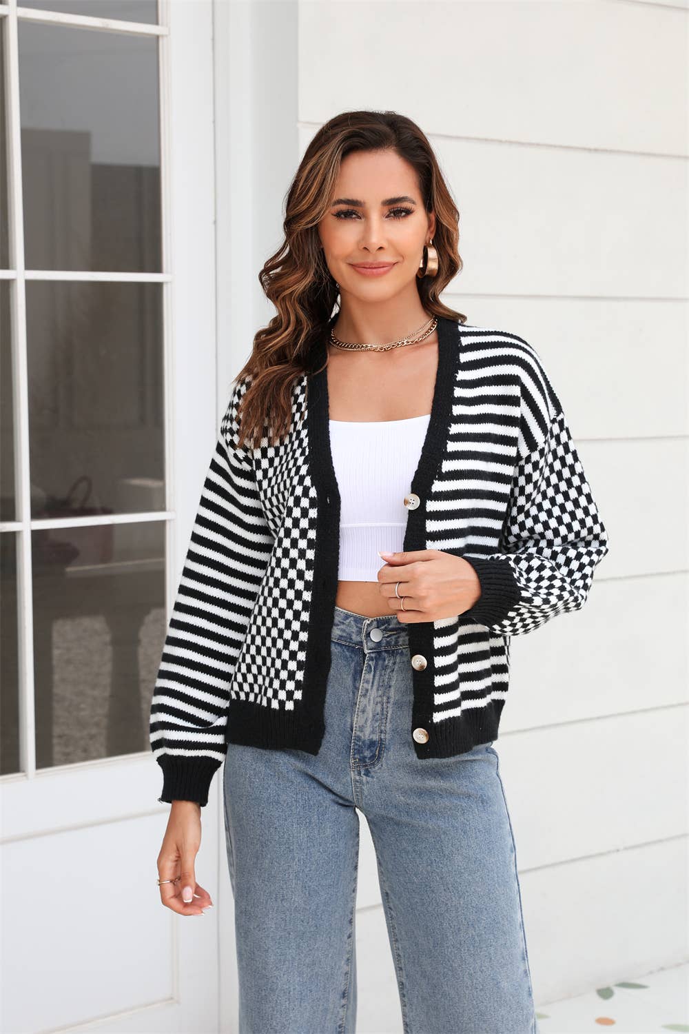 Striped and Checkered Knit Button Cardigan blk2