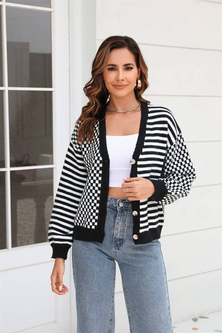 Striped and Checkered Knit Button Cardigan blk2