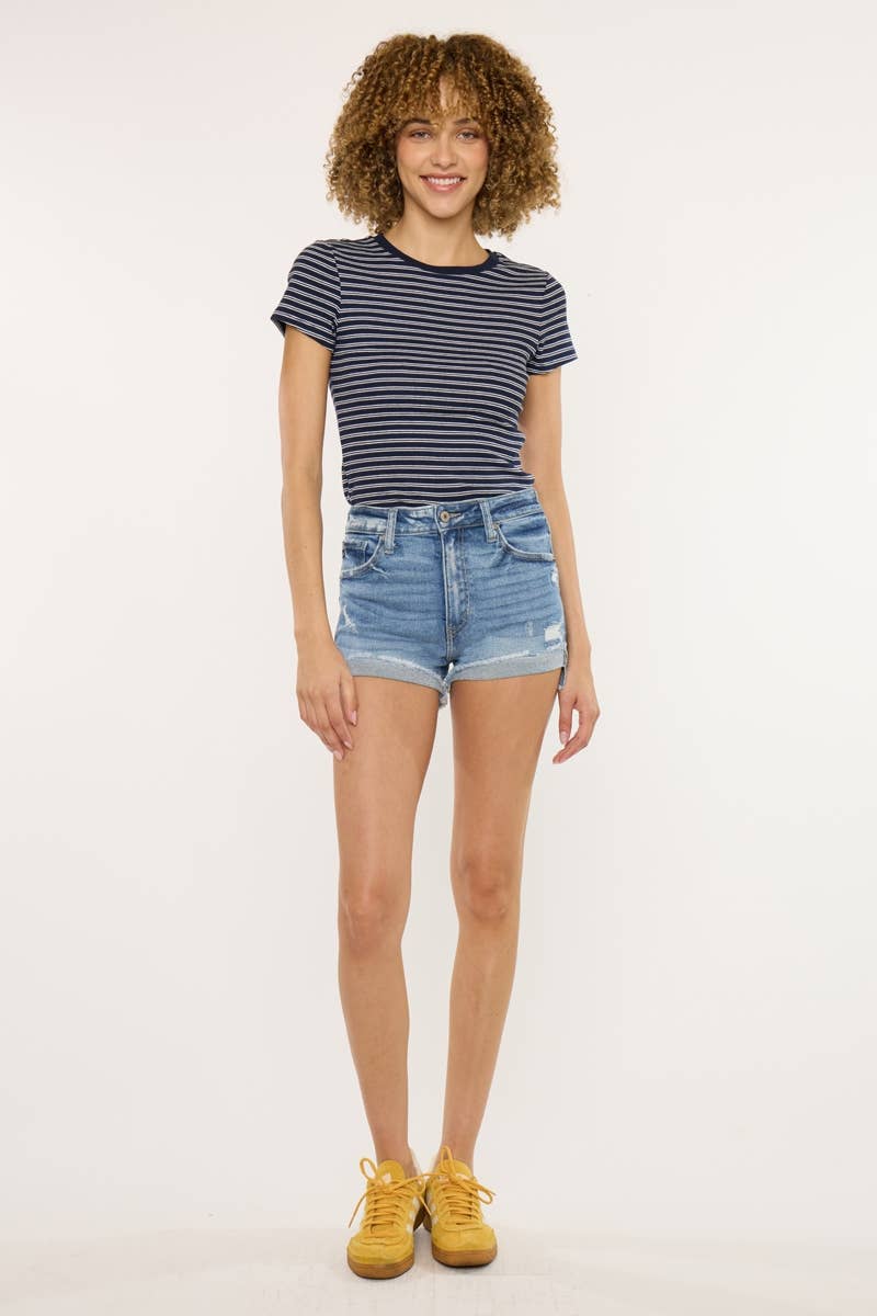 Kan Can USA High Rise Cuff Denim Shorts  in Medium Wash 3