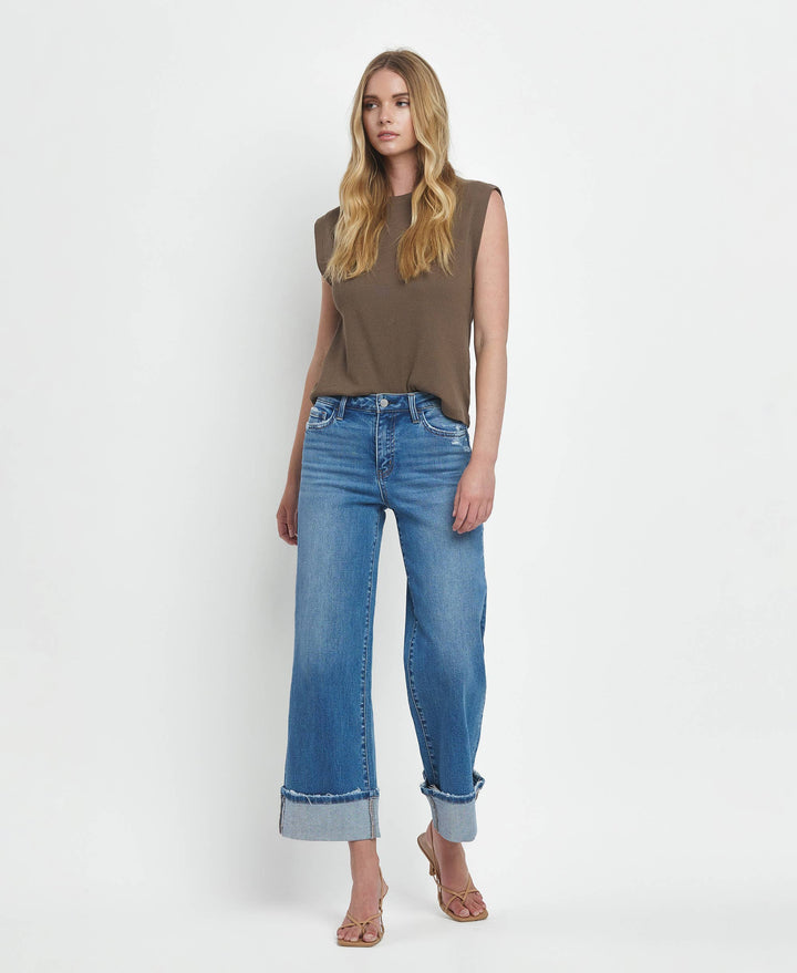 Flying Monkey High Rise Medium Wash Cuffed Wide Jeans in Moorland 7