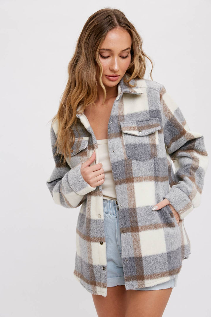 Plaid Brushed Flannel Shacket grey