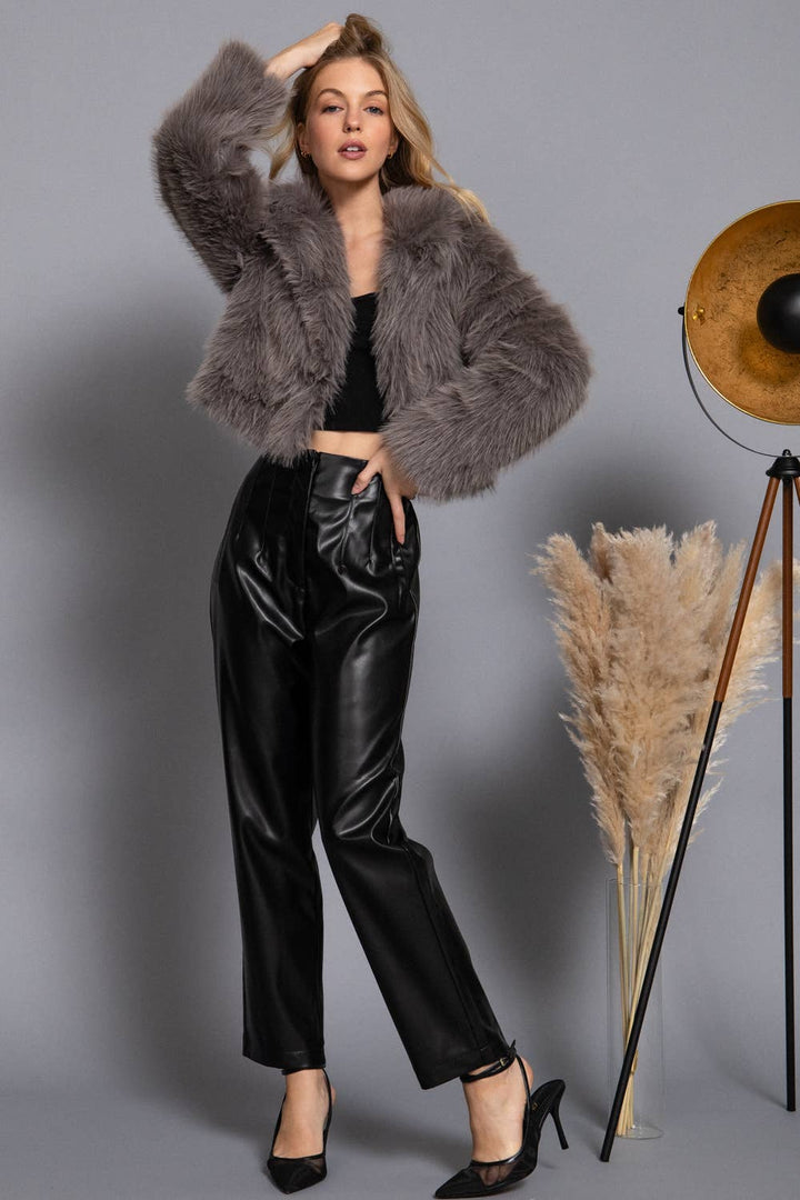 Active Basic - Long Sleeve Notched Collar Faux Fur Cropped Jacket in Grey 1