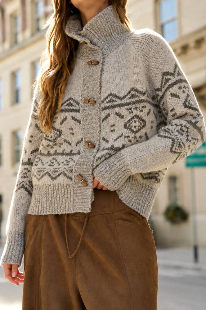 Blu Pepper - Taupe Fair Isle Toggle-Button Cardigan