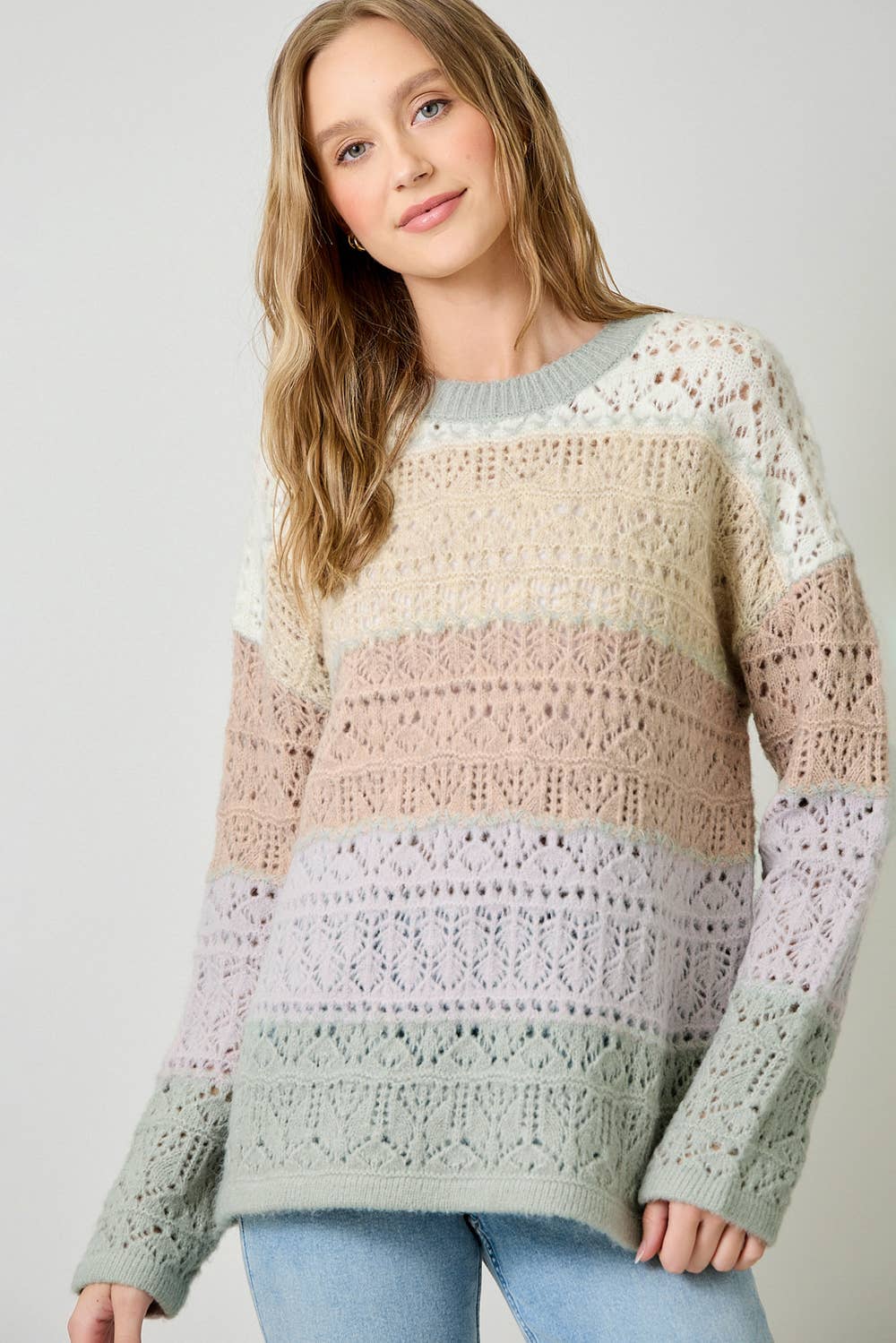 Mystree Color-Block Pointelle Sweater - Ivory Oatmeal 1