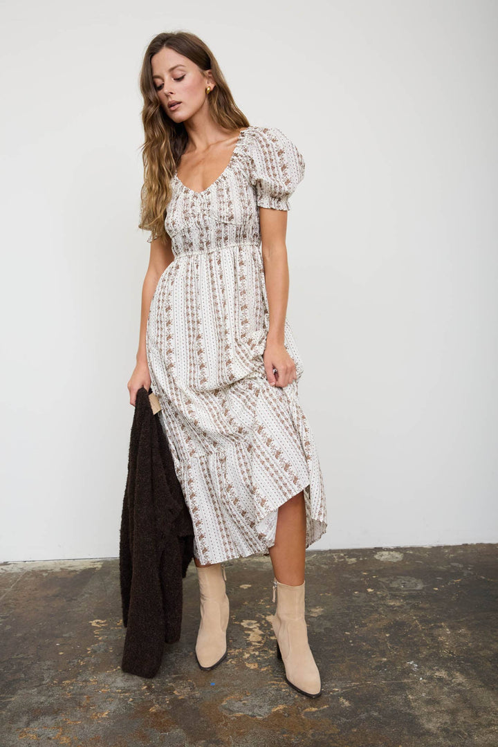 Blu Pepper - Floral Stripe Puff Sleeve Ruffled Midi Dress in Brown 4
