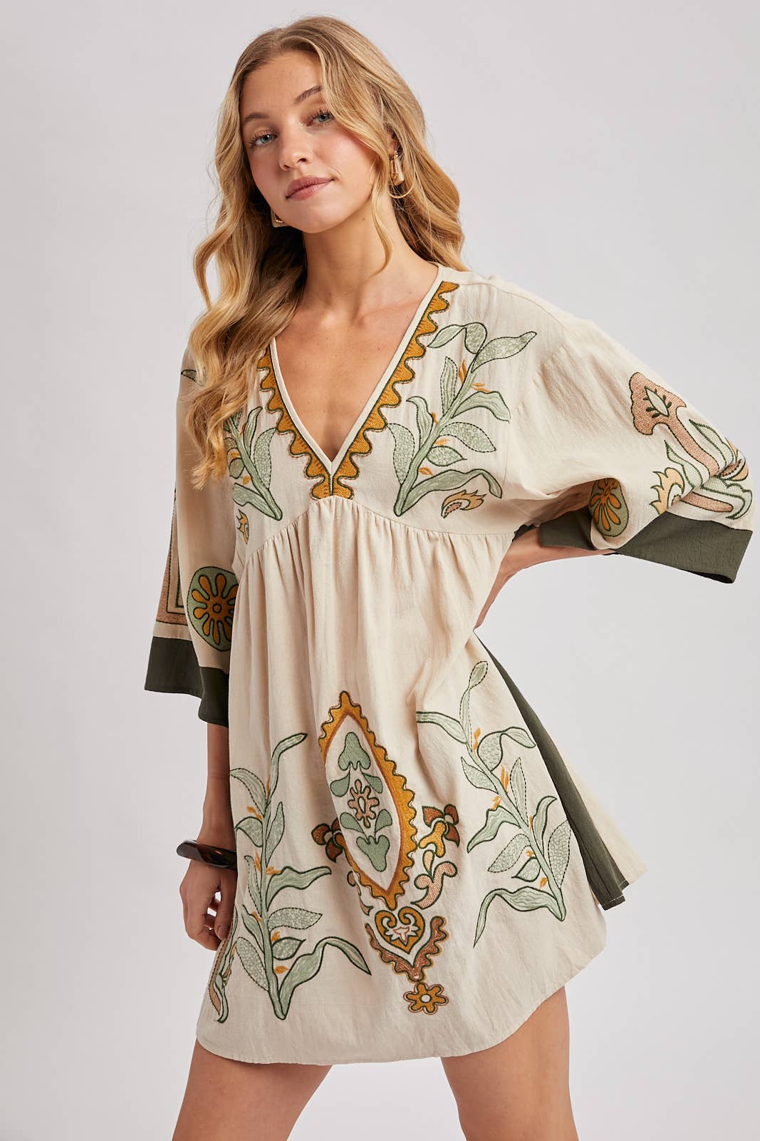 Bluivy Boho Embroidered Babydoll Dress - Sage